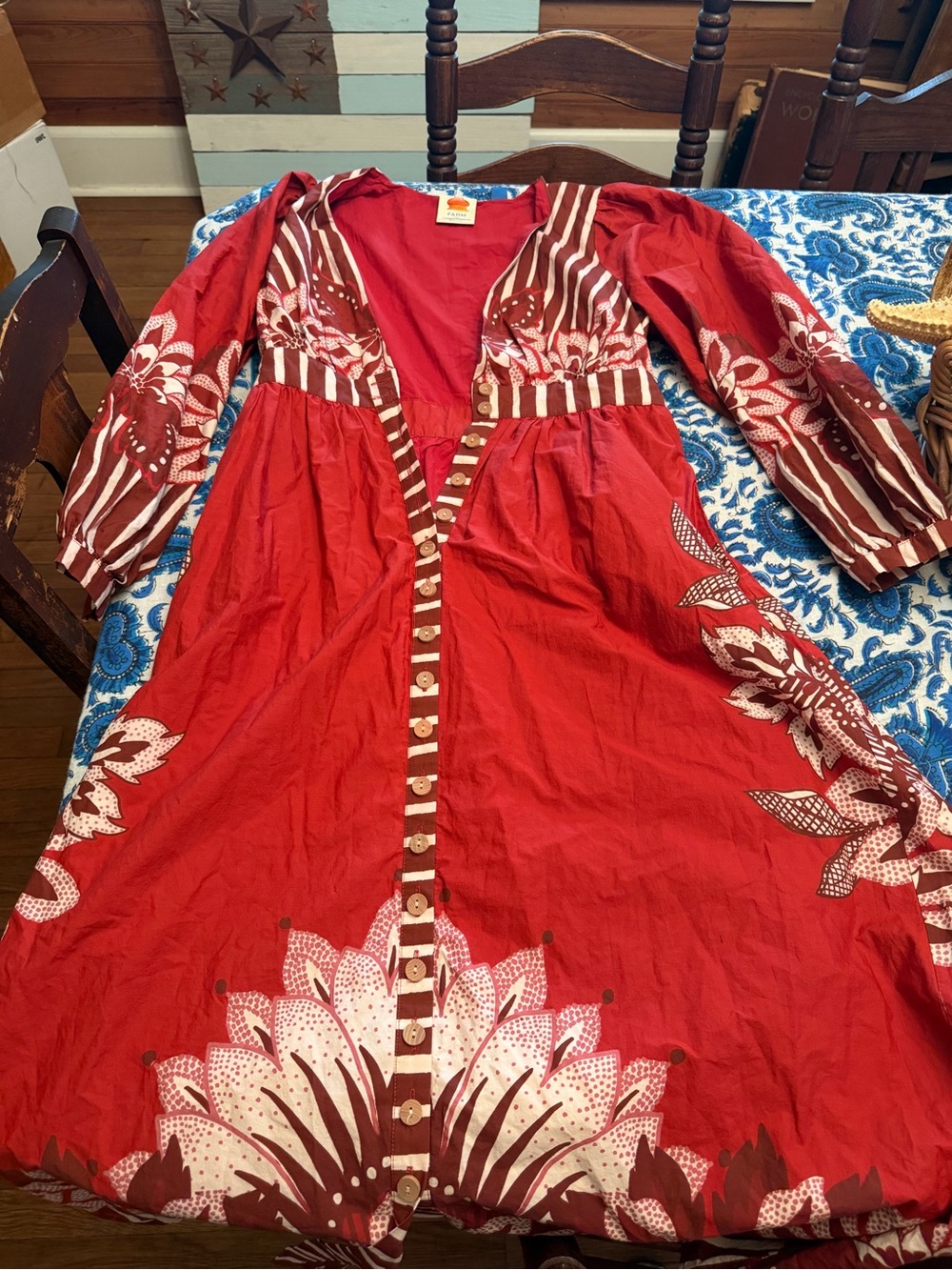 FARM Rio Red Floral Button-Front Long Sleeve Dress